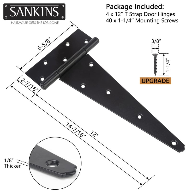 SANKINS 12 Inch T-Strap Shed Door Hinges Heavy Duty, Black Tee Hinge for Wooden Fences, Yard Door, Barn Door Gates, Wrought Hardware Rustproof, 4PCS - Image 2
